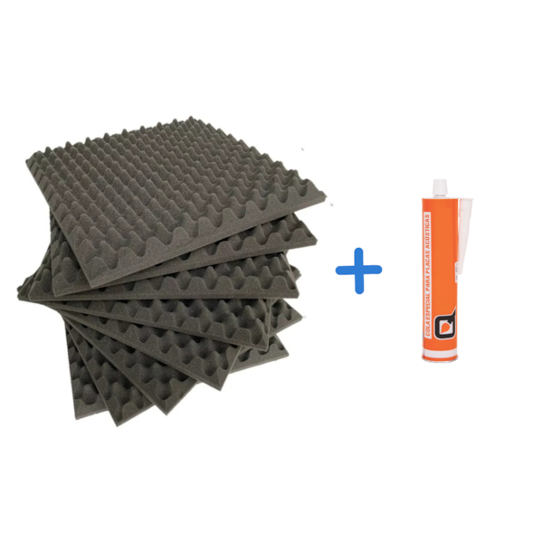 Kit 10 Espumas PU Sinus Caixa de Ovo - 500 x 500 x 25 mm 23kg/m³ - Natural + 1 Cola de Contato  Quimional 400g Kit 10 Espumas PU Sinus Caixa de Ovo - 500 x 500 x 25 mm 23kg/m³ - Natural + 1 Cola de Contato  Quimional 400g