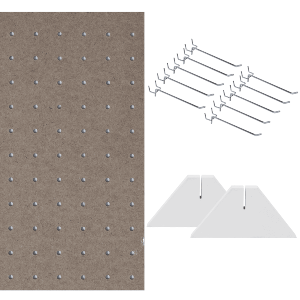 Kit Chapa Perfurada Eucatex 120x61 cm + 2 Suportes Branco + 10 Ganchos 10 cm - Natural