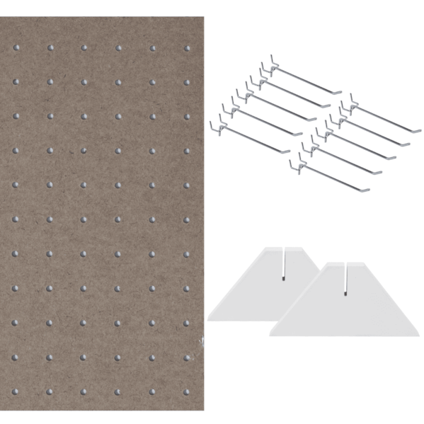 Kit Chapa Perfurada Eucatex 120x61 cm + 2 Suportes Branco + 10 Ganchos 10 cm - Natural Kit Chapa Perfurada Eucatex 120x61 cm + 2 Suportes Branco + 10 Ganchos 10 cm - Natural