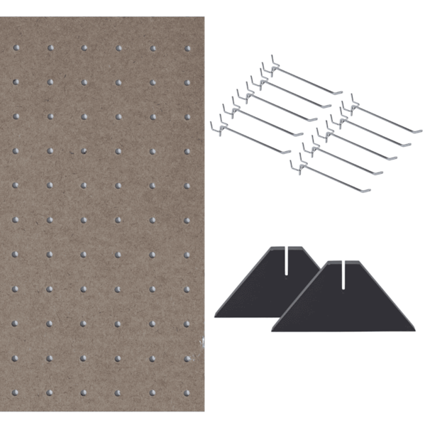 Kit Chapa Perfurada Eucatex 122x61 cm + 2 Suportes Preto + 10 Ganchos 10 cm - Natural Kit Chapa Perfurada Eucatex 122x61 cm + 2 Suportes Preto + 10 Ganchos 10 cm - Natural