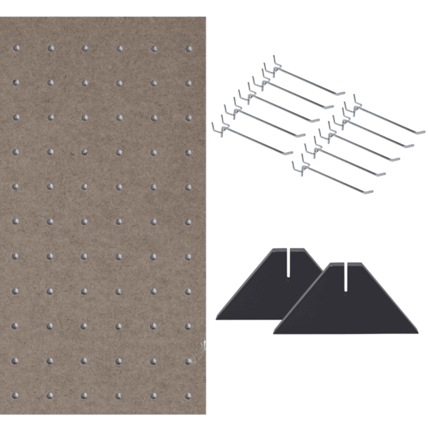 Kit Chapa Perfurada Eucatex 122x61 cm + 2 Suportes Preto + 10 Ganchos 10 cm - Natural